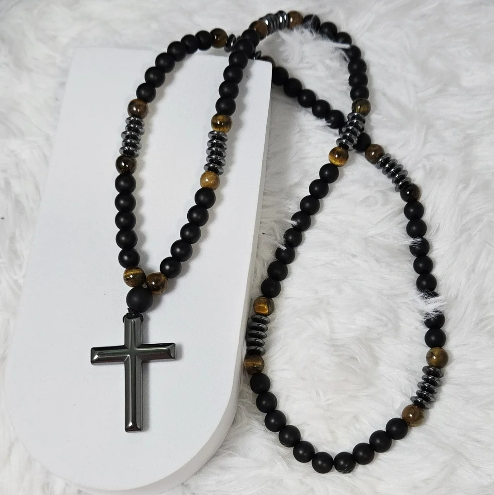 Black Tiger Eye Rosary Necklace Hematite Cross 29